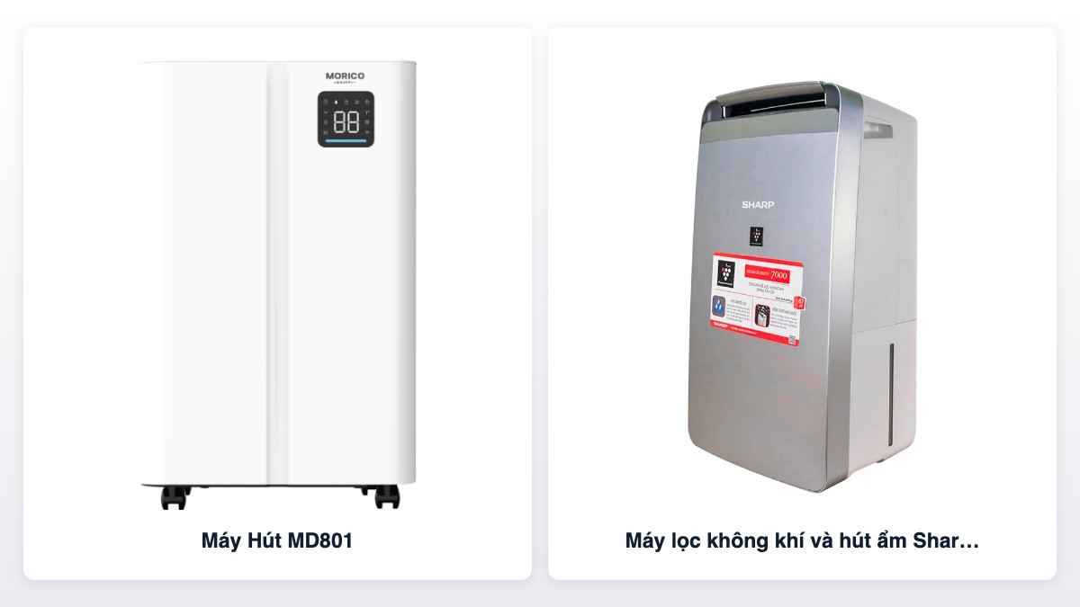 Hai máy hút ẩm lọc không khí bán tại Cellhome: Morico MD801 và Sharp DW-J27FV-S