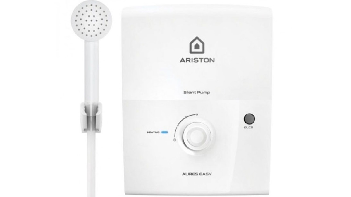 Máy nước nóng trực tiếp Ariston Aures Easy 4.5P có bơm trợ lực, vỏ trắng kèm bộ sen tắm