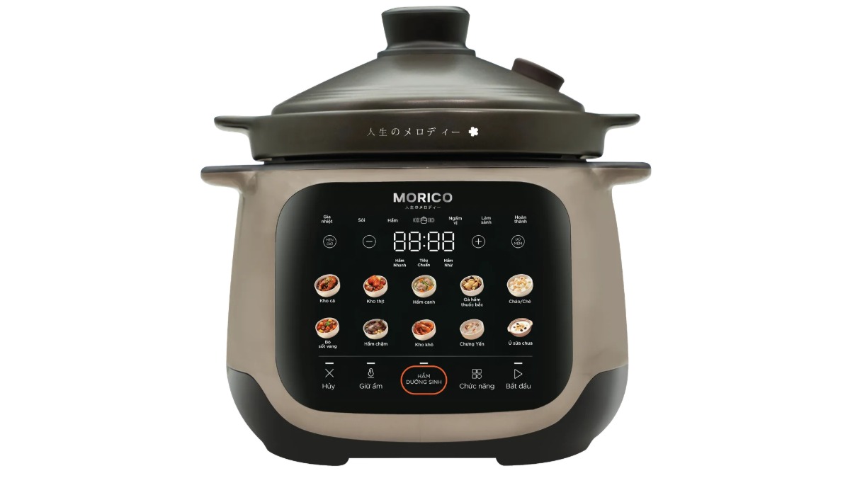 Nồi kho hầm dưỡng sinh Morico Premium M4 4.0L vỏ nâu, mặt trước là bảng cảm ứng nhiều chế độ nấu