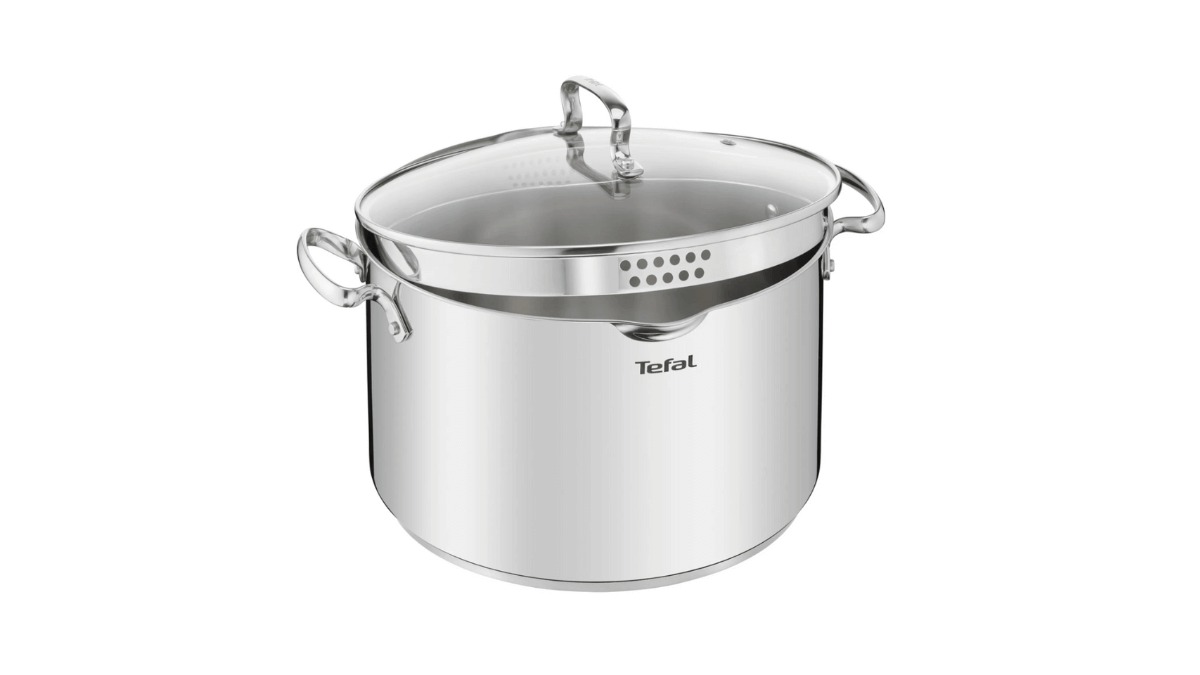 Nồi luộc gà Tefal Duetto Plus 28cm 10.4L bằng inox, quai hai bên và vung kính có lỗ thoát hơi
