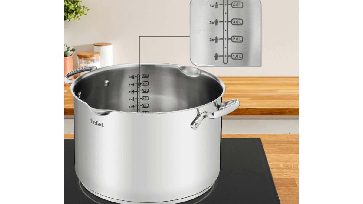 Lòng nồi Tefal Duetto Plus có vạch chia mức nước dập nổi bên trong thành nồi inox