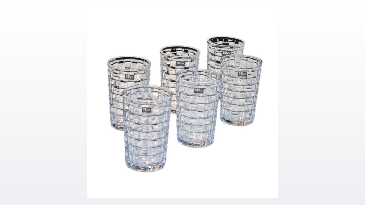 Bộ 6 cốc thủy tinh vân caro SEKA 350ml màu trắng trong xếp thành hàng