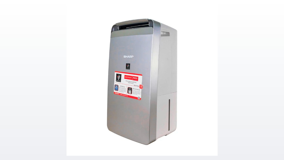 Máy lọc không khí và hút ẩm Sharp DW-J27FV-S thân bạc, nhìn chếch thấy tay cầm