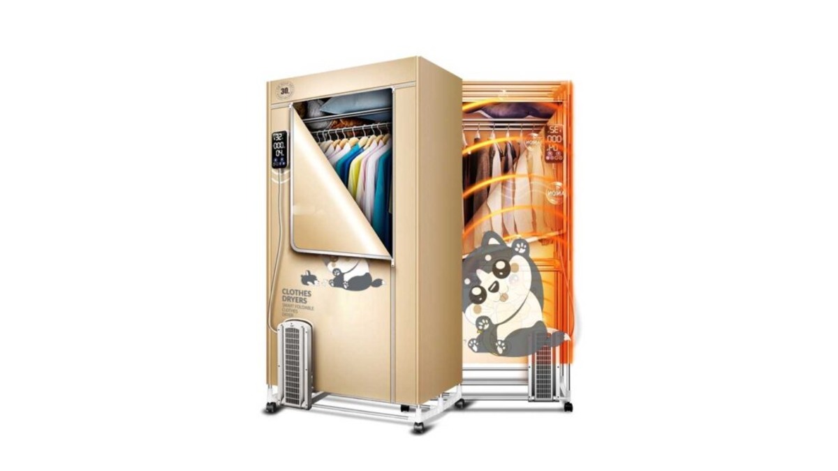 Tủ sấy Sowun SW 869S mở cửa cho thấy thanh treo và khoang chứa quần áo bên trong