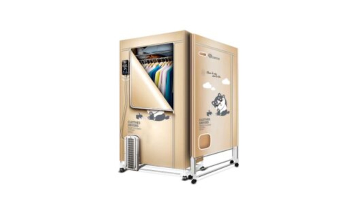 Tủ sấy quần áo Sowun SW 869S vỏ vải màu be, khung bốn chân có bánh xe và cửa kéo khoá