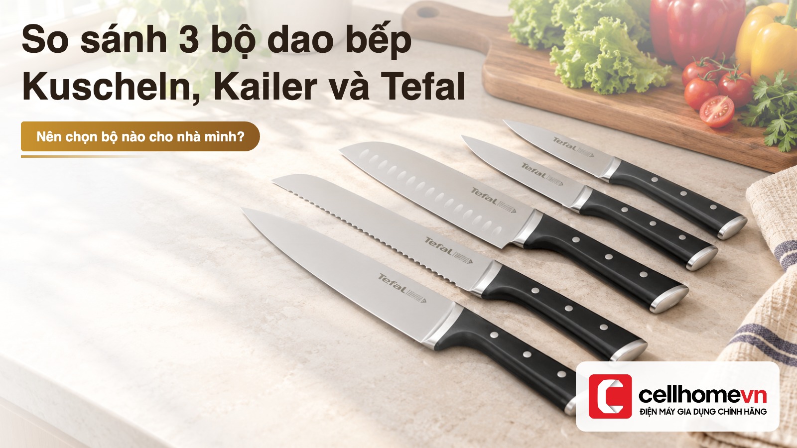 Bộ dao bếp Tefal Ice Force xếp trên mặt bếp sáng, cạnh thớt gỗ và rau củ tươi